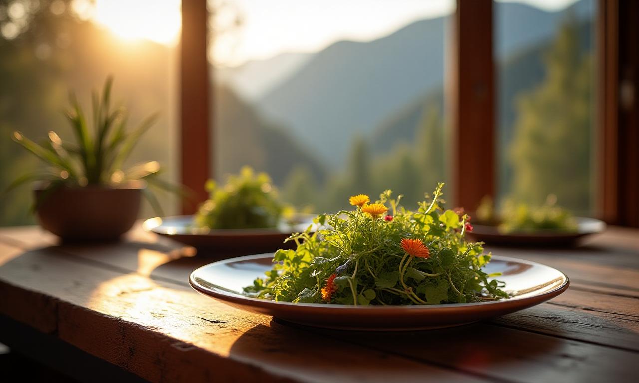 Moderne Alpenküche auf einem rustikalen Holztisch