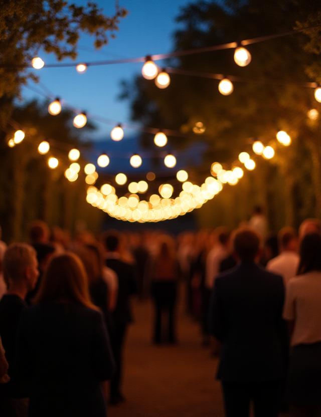 Stimmungsvolle Lichterketten über einer Abendveranstaltung